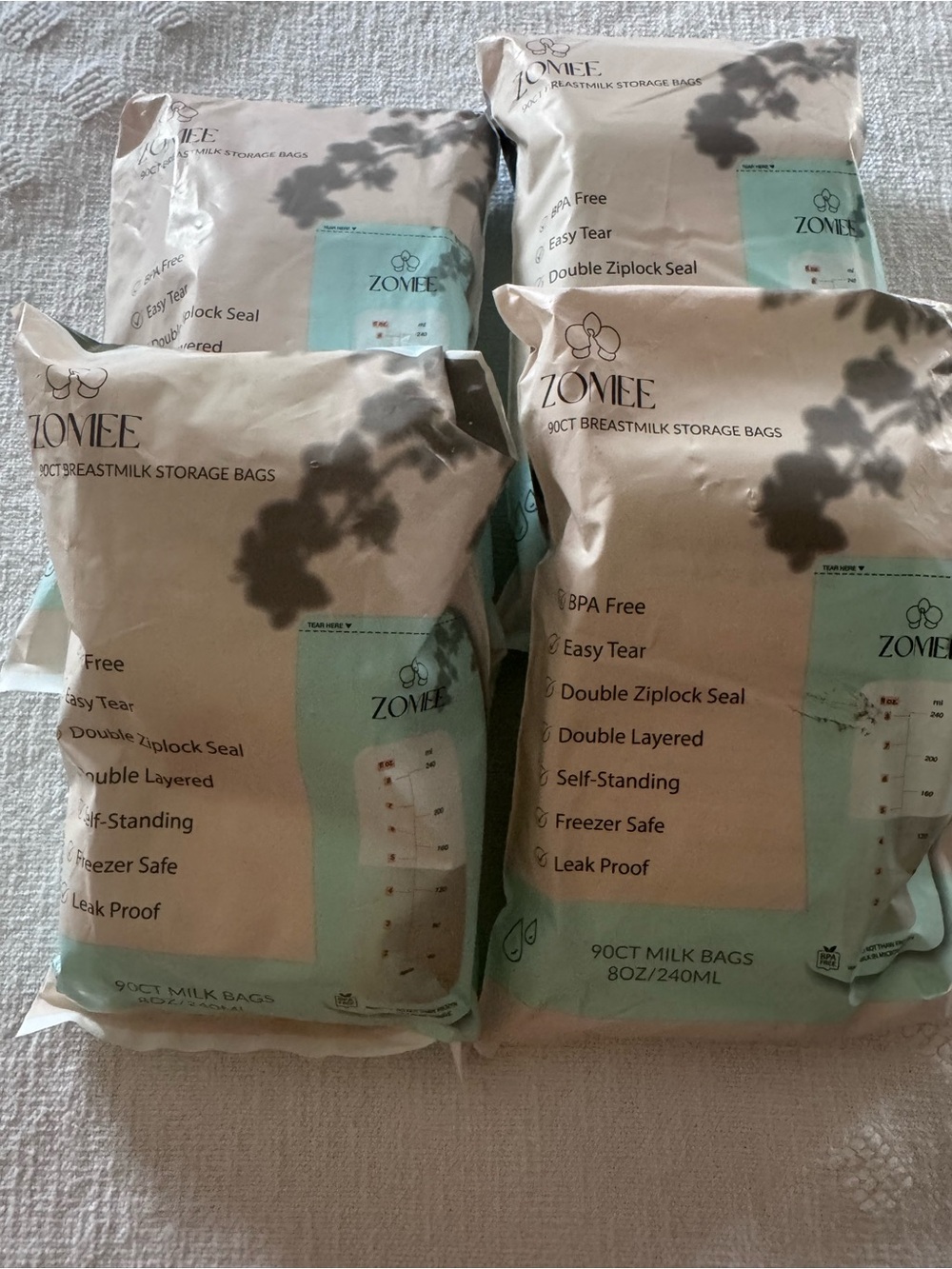 NEW-(4) bags 90 count Zomee Double Zip Breast Milk Storage Bags 8oz 240mL